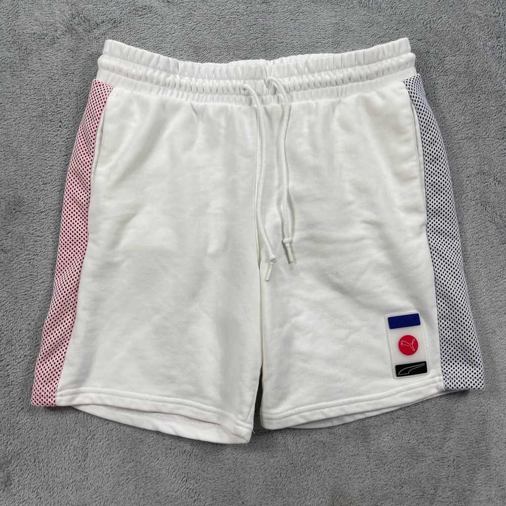 Puma Shorts Mens Large White Graphic Athletic Mesh Side Panels Drawstring